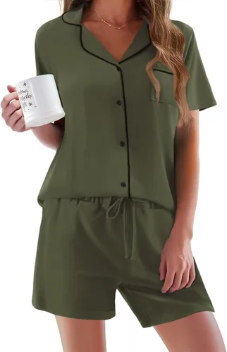 Vista 14 de Ekouaer - Conjunto de pijamas de manga corta para mujer, con botones, suave, 2 piezas, conjuntos de descanso, tallas XS-XXXL Verde Aqua