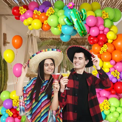 Vista 5 de Kit de guirnalda de globos de fiesta mexicana de 176 piezas con globos de aluminio amarillo, rosa intenso, verde lima, verde, naranja, morado, verde