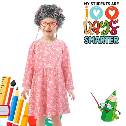 Vista 7 de Matiniy Kit de disfraz de anciana para niñas, peluca, falda floral, bolsa de cubo, gafas y bastón de cadena para 100 días de escuela, abuelita