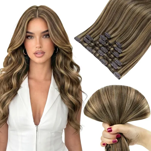 Vista 29 de Ve Sunny Extensiones de cabello clip-in de cabello humano real con reflejos, extensiones de cabello con clip para cabello corto, marrón oscuro