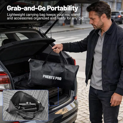 Vista 7 de PHENYX PRO Soporte para micrófono con bandeja grande de 8.7 x 6.3 in, altura de soporte ajustable, clips de micrófono dobles y bolsa de transporte