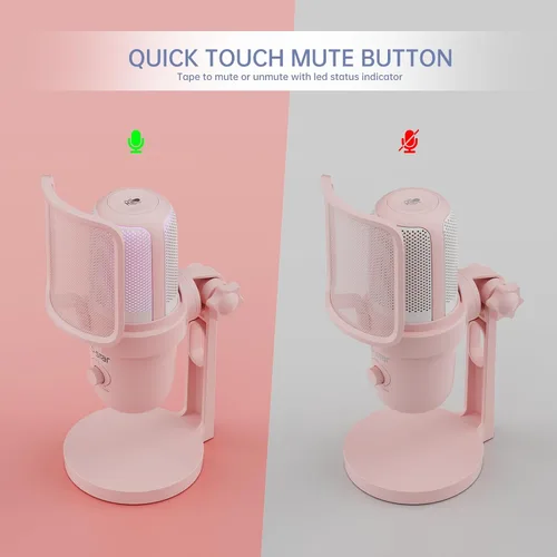 Vista 2 de Micrófono condensador USB rosa para juegos, micrófono de PC con 2 patrones de pastilla, luz RGB, toque para silenciar, 96 KHz/24 bits para Rosa
