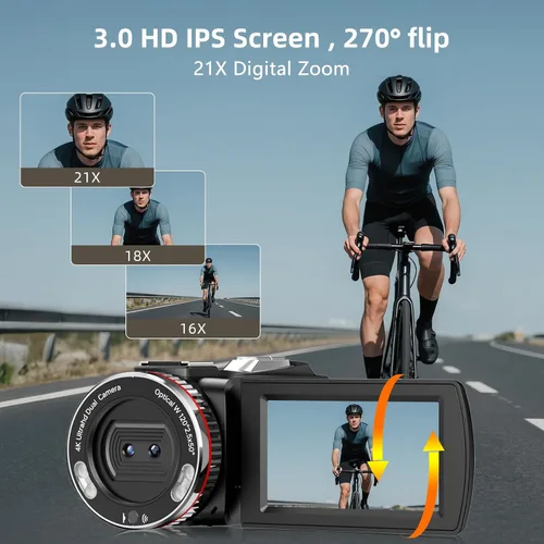 Vista 5 de Videocámara 4K UHD de 64MP para YouTube TikTok, doble lente gran angular de 120°, zoom digital 18X, pantalla IPS de 3.0 pulgadas, micrófono externo