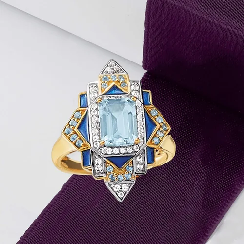 Vista 4 de Ross-Simons Anillo de topacio azul Londres, azul cielo y blanco de 2.10 quilates con esmalte azul en oro de 18 quilates sobre plata esterlina