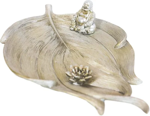 Vista 5 de Ebros Gift Buddhism Hotei Laughing Buddha sentado en Bodhi hoja de árbol con flor de loto incienso soporte quemador figura Zen Feng Shui hogar