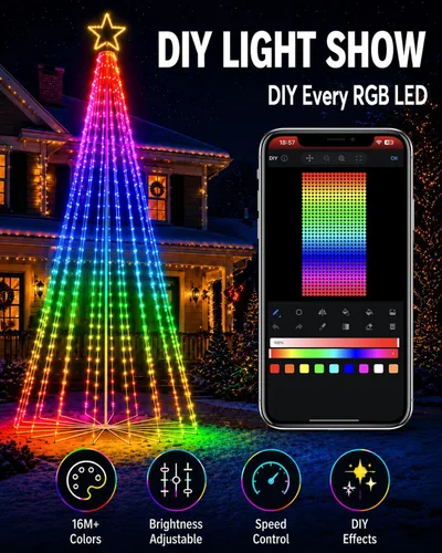 Vista 3 de Árbol de Navidad al aire libre de 7 pies con luces, bricolaje espectáculo Totalmente bricolaje, escenas preestablecidas de un solo toque