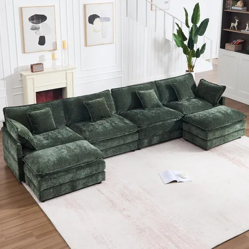 Vista 24 de KIVENJAJA - Sofá modular en forma de U extragrande tipo nube, chenilla moderna de 4 plazas con asiento profundo para sala de estar y oficina, con 2