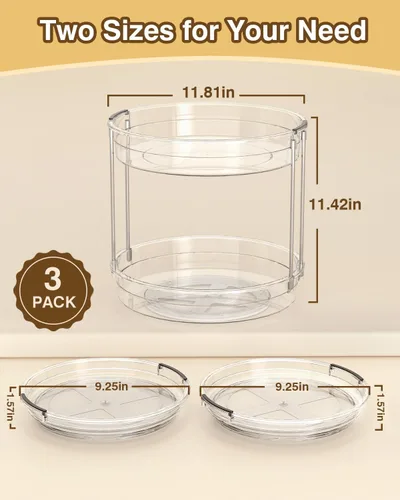 Vista 2 de INCOSTAR Paquete de 2 Organizadores Lazy Susan de 9.25'' y 11.81'' Plataforma Giratoria Lazy Susan de Dos Niveles para Gabinete, Especiero