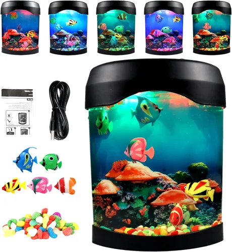 Vista 5 de Toycol Lámpara de pescado falso, escritorio realista nocturno, luz de estado de ánimo eléctrica, tanque de luz LED con 6 cambios de color y 5 peces