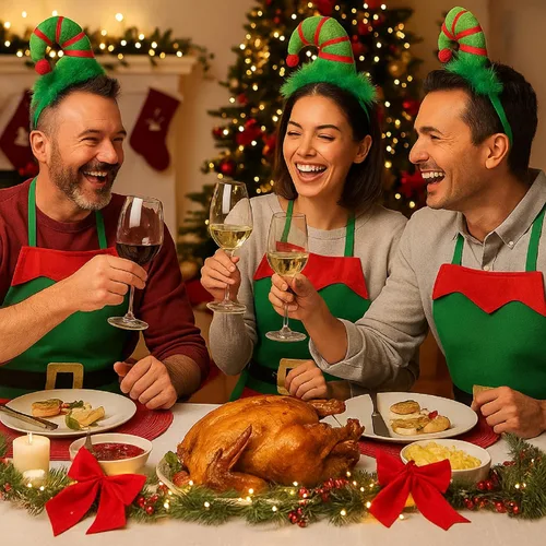 Vista 5 de Toulite Juego de 24 delantales de elfo de Navidad con diademas, disfraces de fiesta de Navidad, delantales a granel para adultos y niños para hornear