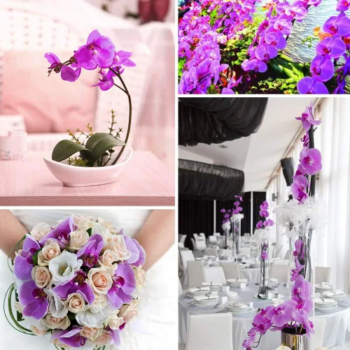 Vista 4 de 4 piezas de flores artificiales de seda Phalaenopsis, 20 cabezas de orquídea mariposa falsas moradas para boda, ramo floral, decoración de centros