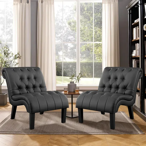 Vista 6 de HAOBO Home Silla de piel sintética sin brazos con botones, silla lateral tapizada para sala de estar, comedor, dormitorio, funiture