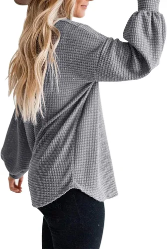 Vista 3 de Merokeety Suéter para mujer con mangas largas globo, tejido de punto gofre, holgado, cuello redondo, sin botones