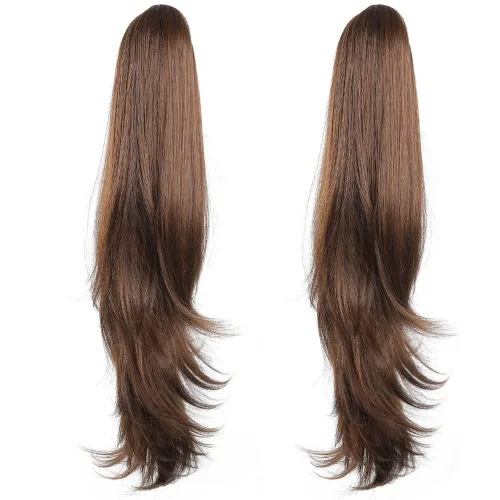 Vista 43 de Extensiones de cola de caballo, extensiones de cabello de cola de caballo con clip de garra marrón oscuro para mujer, pieza de cabello rizado