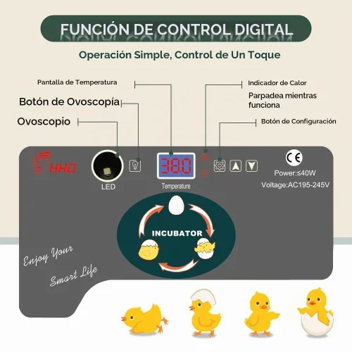 Vista 4 de Incubadora de 12 huevos, girador automático de huevos, control de temperatura, vela incorporada, recarga automática de agua para incubar huevos