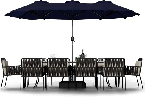 Vista 9 de Shintenchi Sombrilla grande de patio de 13 pies con base, sombrilla rectangular doble cara para exteriores con asa de manivela para césped junto a