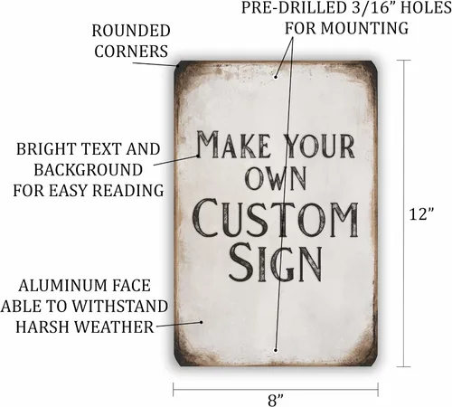 Vista 2 de Letrero de metal personalizado de 8 x 12 pulgadas, aspecto antiguo, fondo envejecido, material compuesto de aluminio duradero para uso en exteriores