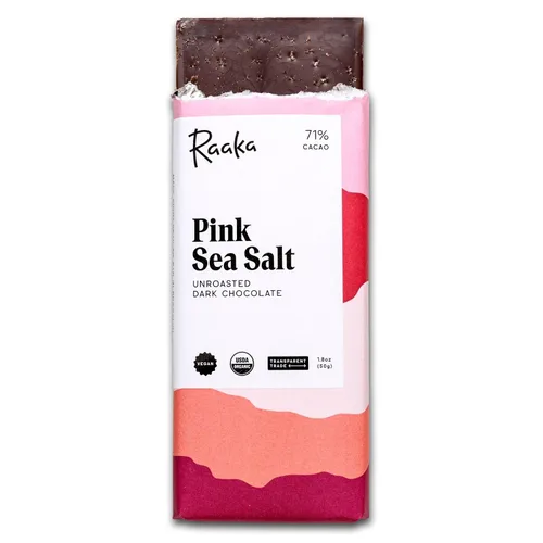 Vista 9 de Raaka Chocolate negro orgánico con sal marina rosa, 71% de cacao, chocolate negro gourmet, orgánico, vegano, sin gluten, kosher, barras de 1.8