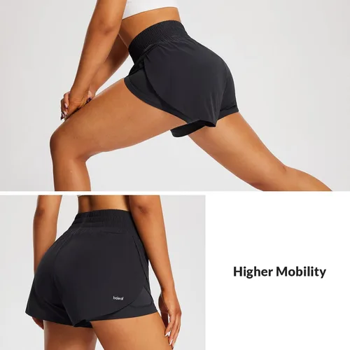 Vista 4 de BALEAF Pantalones cortos de elastano 2 en 1 para mujer, cintura alta, 3 pulgadas, bolsillos con forro