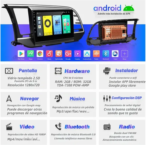 Vista 3 de para Elantra 2016 2017 2018 Radio estéreo inalámbrico Carplay Auto Upgrade Android 8-croe Head Unit DSP Navigation GPS WIFI Bluetooth 1280X720