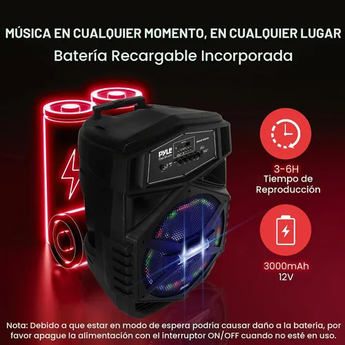 Vista 5 de Pyle Sistema de altavoces Bluetooth portátil de 12 pulgadas, altavoz de karaoke de 1000 W con luces LED, USB/Micro SD/FM/BT/Aux/control