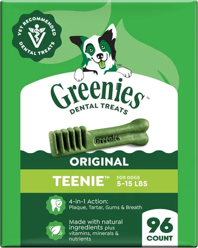Vista 14 de Golosinas dentales para perros recomendadas por veterinarios, tamaño Teenie, sabor original, Greenies, 3 onzas, paquete de 11
