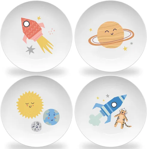 Vista 11 de Tiny Expressions - Placas de construcción para niños pequeños - Juego de 4 platos de melamina para niños - Excavadora, mezcladora de cemento