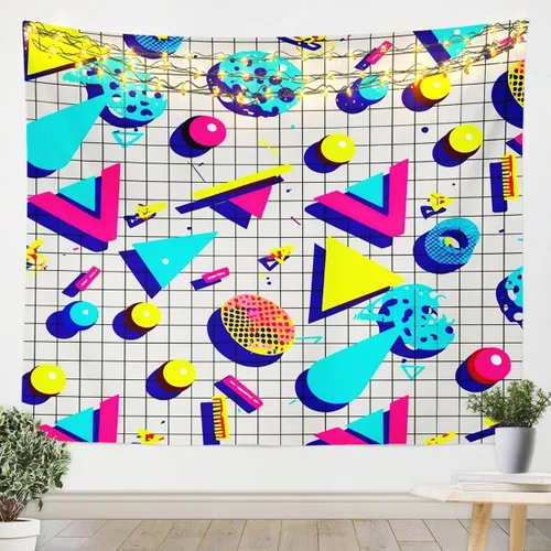 Vista 22 de Tapiz retro de los años 80 y 90, tamaño pequeño de 51 x 59, tapices geométricos abstractos urbanos modernos y colgantes de pared triangulares, arte
