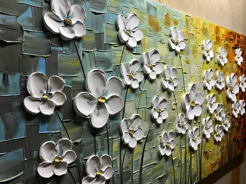 Vista 2 de V-inspire Arte, 24x48 Pulgadas Pinturas Blanco Margarita Flor Pintura Al óleo 3D Pintado a Mano Sobre Lienzo Arte Abstracto Arte Madera Dentro
