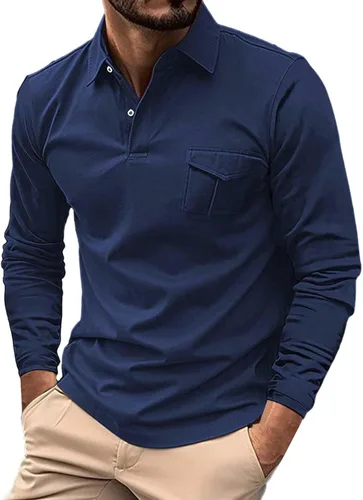 Vista 20 de Polo de manga larga para hombre, diseño casual de algodón con bolsillo, cuello clásico con botón para golf