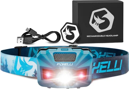 Vista 11 de Foxelli Linterna frontal LED recargable USB‑C – Ultraligero 2.4 oz y brillante 180 lúmenes – Luz roja/blanca, 5 modos, IPX5 impermeable, 40 horas
