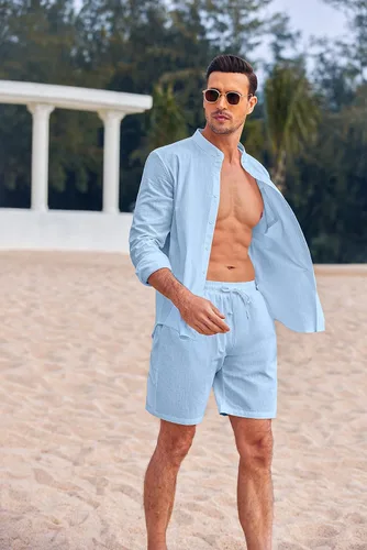 Vista 2 de COOFANDY Conjuntos de lino para hombre, 2 piezas, camisa de manga larga y pantalones cortos casuales con cordón en la cintura, trajes de verano