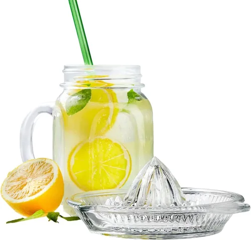 Vista 5 de Exprimidor de limón de vidrio, exprimidor manual para naranja, pomelo, cítricos pequeños, extractor manual con mango y boquilla de vertido, vidrio