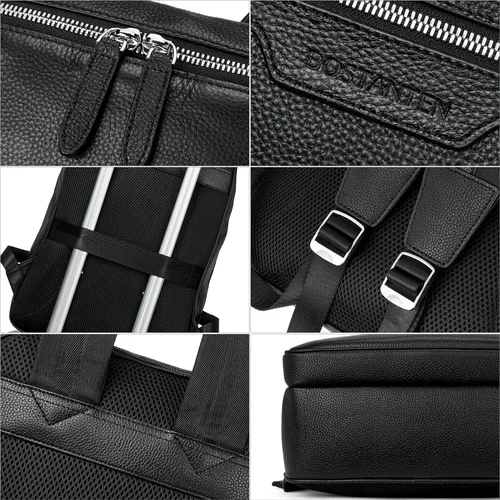 Vista 7 de BOSTANTEN Mochila de cuero para hombre 15.6 pulgadas Mochila para portátil de viaje Bolsa universitaria Negro