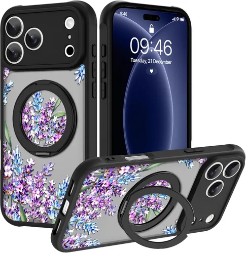 Vista 89 de OOK Funda magnética para iPhone 13 Pro Max [compatible con MagSafe] Funda delgada translúcida mate con flor silvestre negra, protección para lente