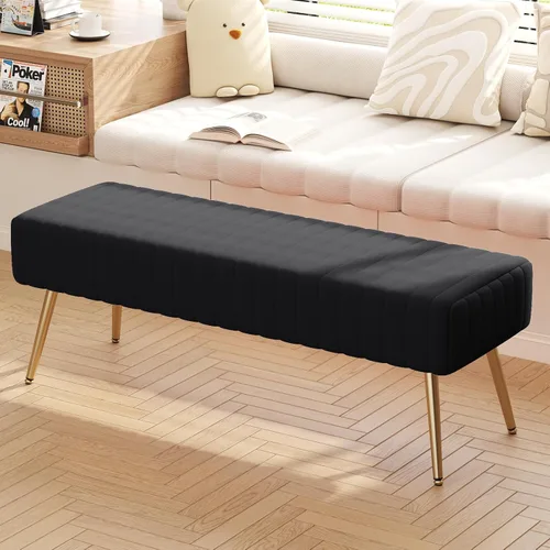 Vista 2 de Furniliving Banco de 44 Pulgadas para Dormitorio, Bancos Otomanos Tapizados con Tela Rayada y Tufting con Patas de Metal en Forma de X para Sala