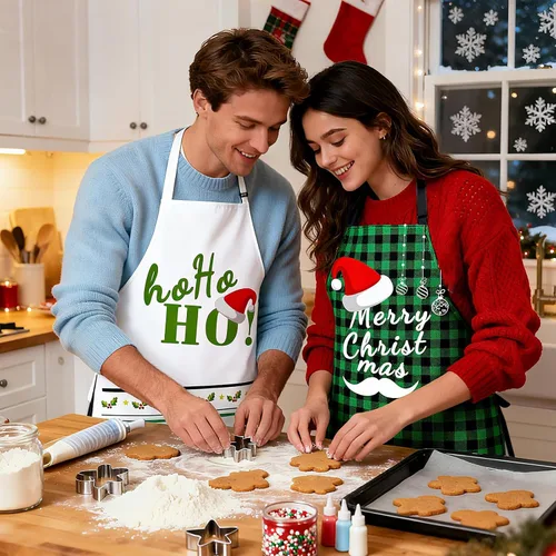 Vista 4 de Juego de 4 delantales de Navidad – Delantales ajustables con árbol de Navidad, medias, muñeco de nieve para la familia, decoración festiva de cocina