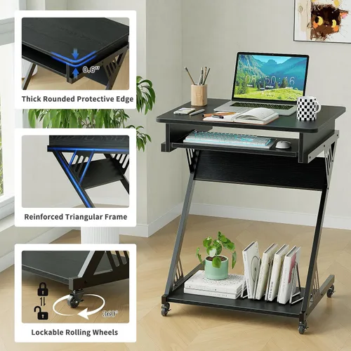 Vista 6 de ALISENED Escritorio para computadora para espacios pequeños, mesa de estudio compacta en forma de Z de 23.6 pulgadas con bandeja de teclado suave