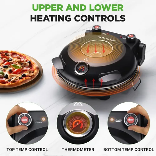 Vista 5 de NutriChef Horno eléctrico para pizza Máquina de pizza de encimera de 1200 W con control de temperatura y termómetro Ventana de visualización