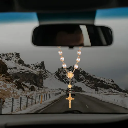 Vista 7 de TIESOME Rosario de coche de 2 piezas, cuentas de rosario para espejo retrovisor con cruz y medalla, accesorios para colgar para decoración de Dorado