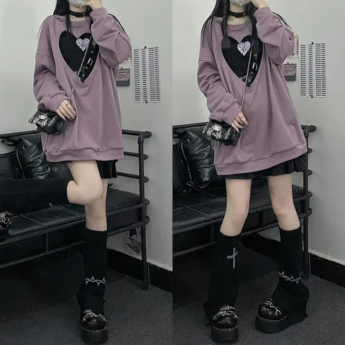 Vista 3 de YEMOCILE Women's Harajuku Kawaii Crew Neck Sweatshirt Oversized Japanese Style Gothic Heart Hollow Tops Pullover