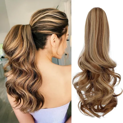 Vista 20 de Extensión de cola de caballo con clip, de 18 pulgadas, 20 pulgadas, rizada, ondulada, recta, cola de caballo larga con clip, para mujer, rubio ceniza
