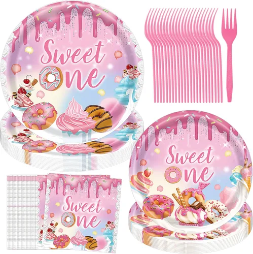 Vista 7 de JESTAR Decoración de bayas para primer cumpleaños, decoraciones de fiesta de fresa, 96 platos, servilletas, tenedores, tema de fresa rosa, perfecto