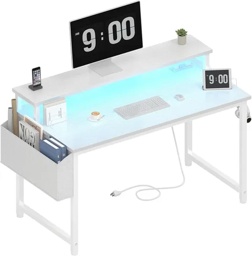 Vista 11 de Lufeiya Escritorio pequeño con tomas de corriente y luces LED, mesa de estudio de escritura para adolescentes de 32 pulgadas, escritorio para Negro