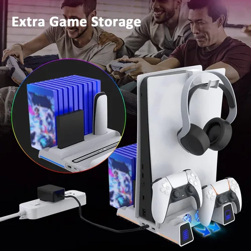 Vista 7 de NexiGo Soporte para PS5 con luz LED RGB ranura para disco duro auriculares y soportes remotos estación de carga de doble controlador para consola