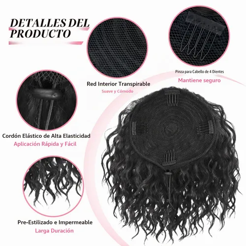 Vista 3 de Extension de cabello con moño desordenado, textura Yaki, con cabello suelto, ondulado y rizado, corto, con cordón de ajuste, extensiones de cola