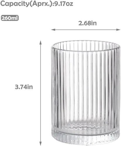 Vista 2 de WHJY Vasos altos de cristalería acanalados, vasos cortos únicos para uso diario, juego de 4 vasos para cóctel, whisky, cerveza, jugo, 8.8 onzas, 3.7