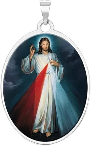 Vista 8 de PicturesOnGold Medalla religiosa ovalada de doble cara Divine Mercy con protección de color, regalos para hombres y mujeres, disponible en oro