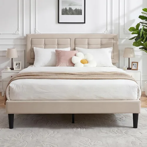 Vista 21 de VECELO Base de cama tamaño matrimonial, cabecera tapizada ajustable con botones, marco de cama resistente con soporte de listones de madera,