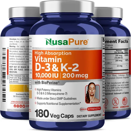 Vista 4 de NusaPure Vitamina D3 y K-2, sin OMG, 250 mg, 180 cápsulas vegetales - 180 porciones Dietary Supplement Formula, Vitamin D3 & K-2, Suitable for